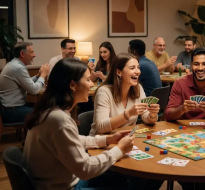 Társasági játékeste résztvevőkkel, akik különböző modern társasjátékokat játszanak.